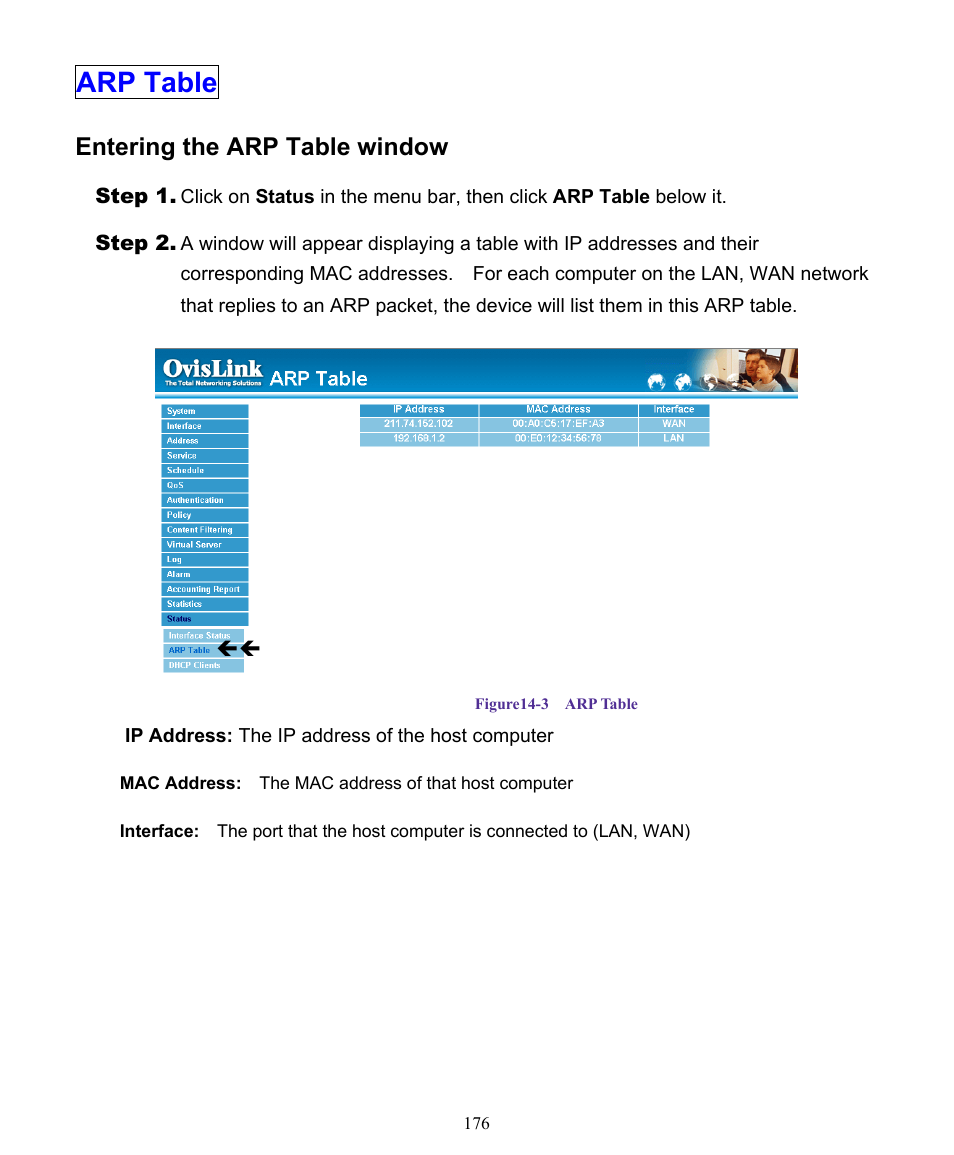 Arp table, Entering the arp table window | AirLive RS-1000 User Manual | Page 181 / 197