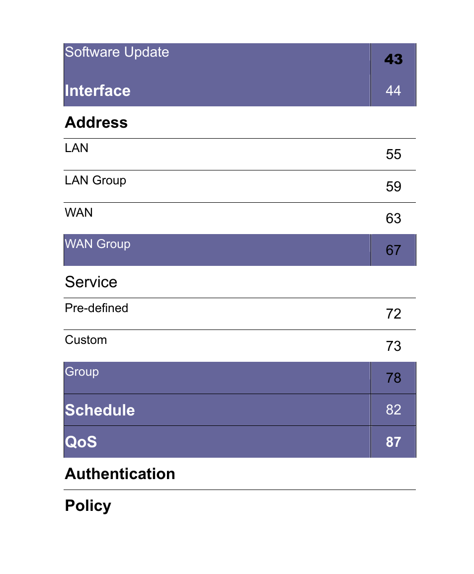 Interface, Address, Service | Schedule, Authentication, Policy | AirLive RS-1000 User Manual | Page 3 / 197