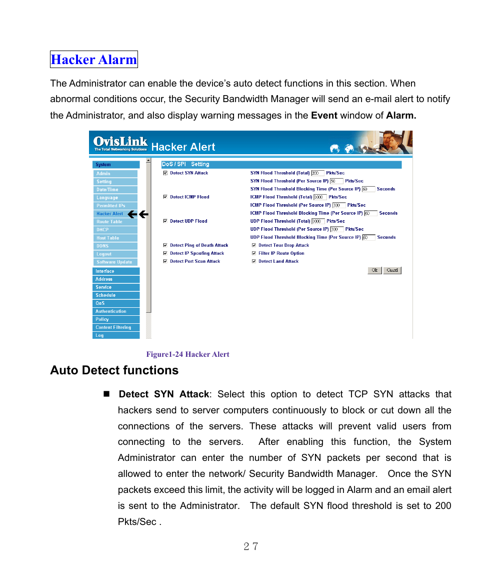 Hacker alarm, Auto detect functions | AirLive RS-1000 User Manual | Page 32 / 197