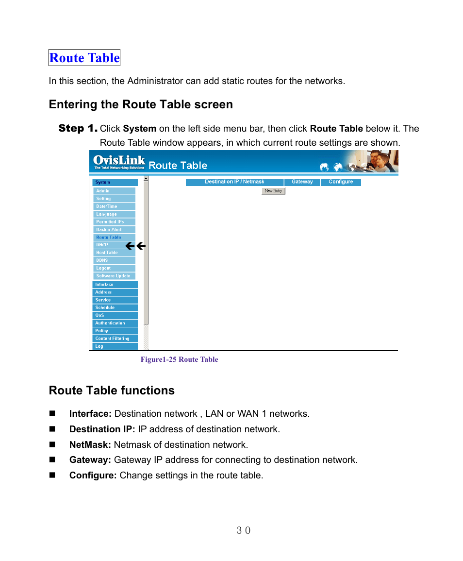 Route table, Entering the route table screen, Route table functions | AirLive RS-1000 User Manual | Page 35 / 197