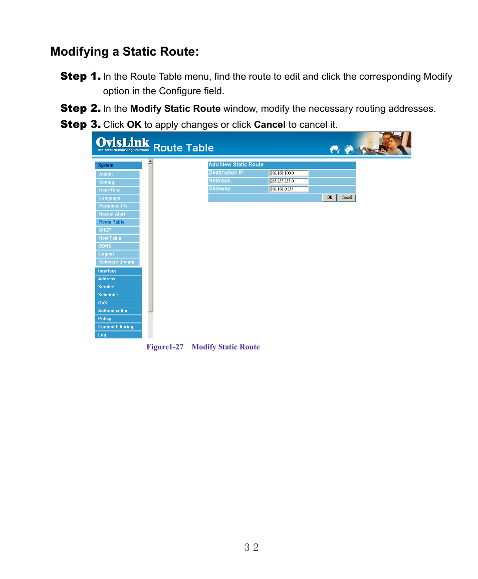 Modifying a static route | AirLive RS-1000 User Manual | Page 37 / 197