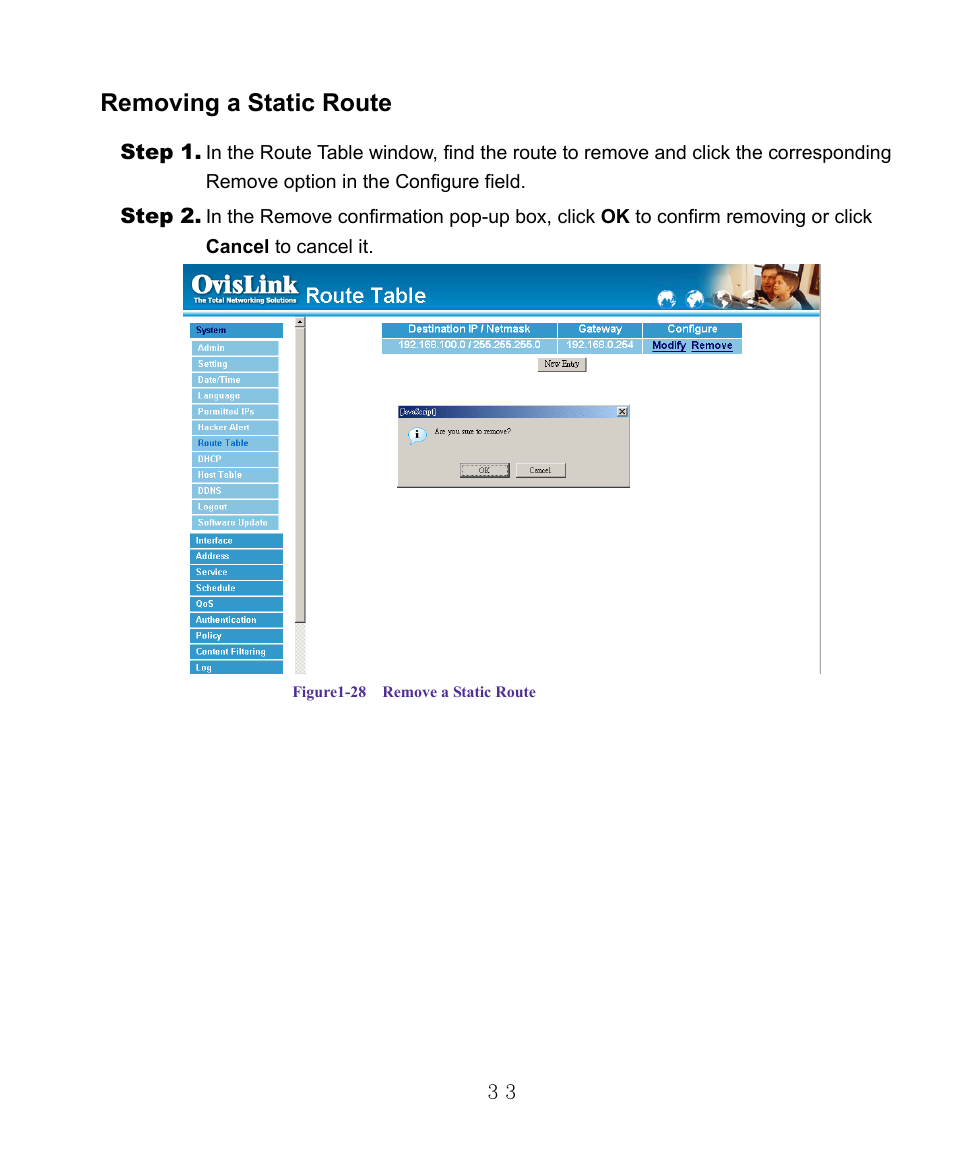 Removing a static route | AirLive RS-1000 User Manual | Page 38 / 197