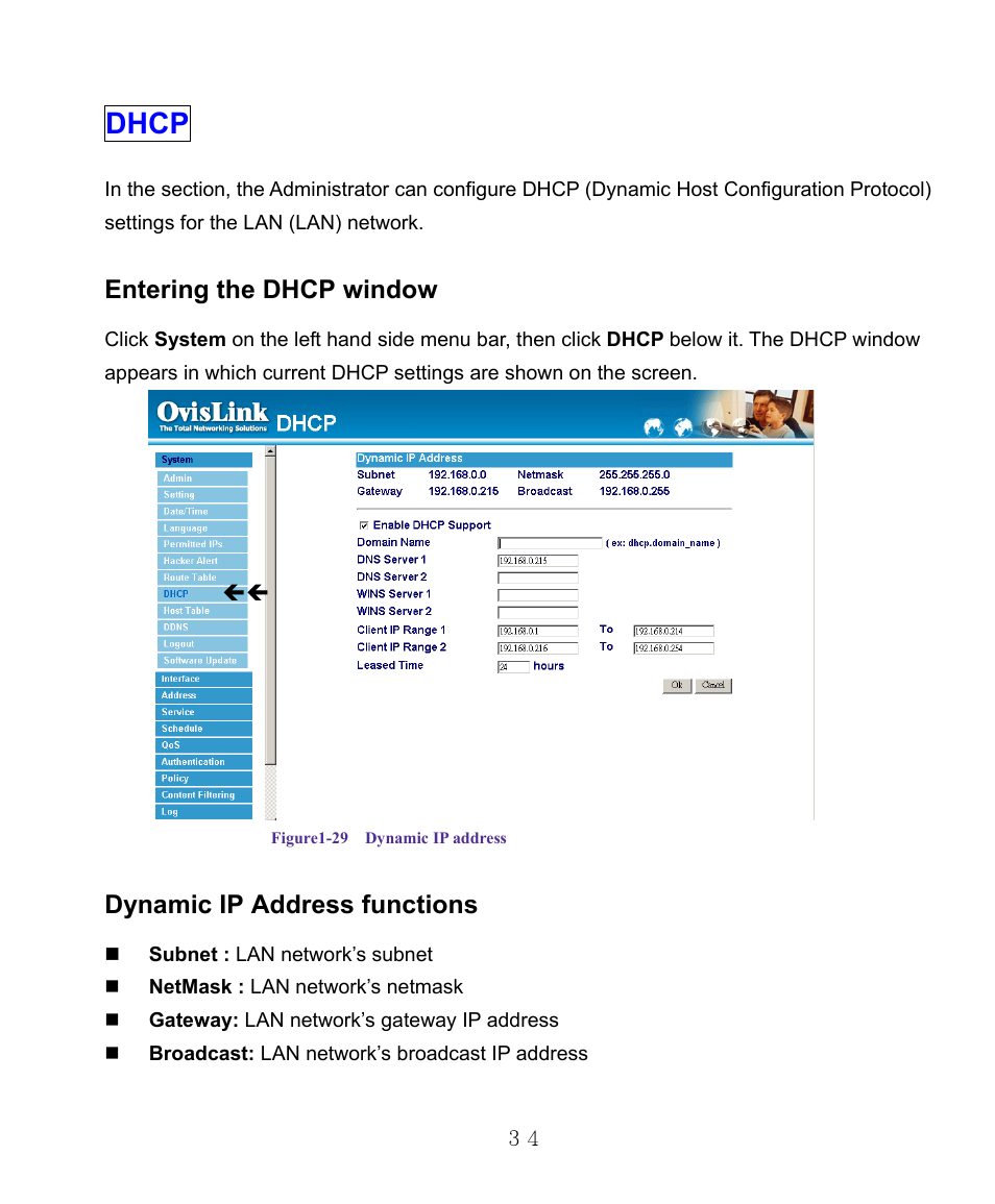 Dhcp, Entering the dhcp window, Dynamic ip address functions | AirLive RS-1000 User Manual | Page 39 / 197