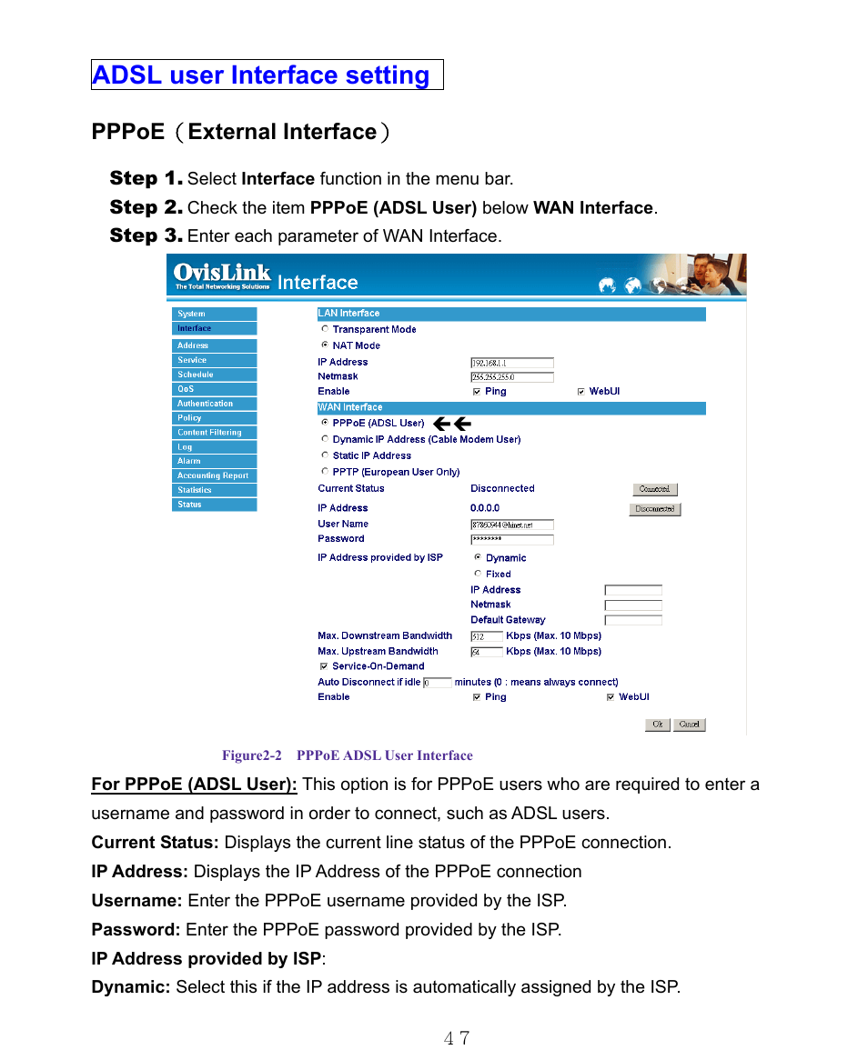 Adsl user interface setting, Pppoe （ external interface | AirLive RS-1000 User Manual | Page 52 / 197