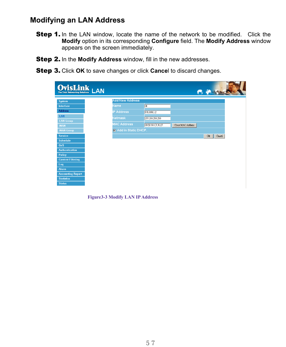 Modifying an lan address | AirLive RS-1000 User Manual | Page 62 / 197