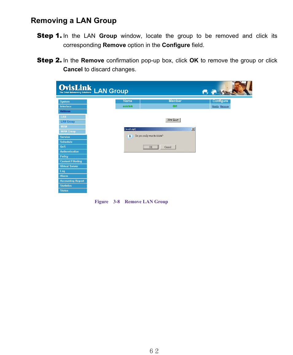 Removing a lan group | AirLive RS-1000 User Manual | Page 67 / 197