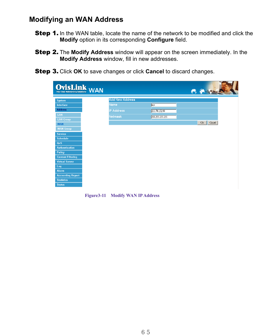 Modifying an wan address | AirLive RS-1000 User Manual | Page 70 / 197