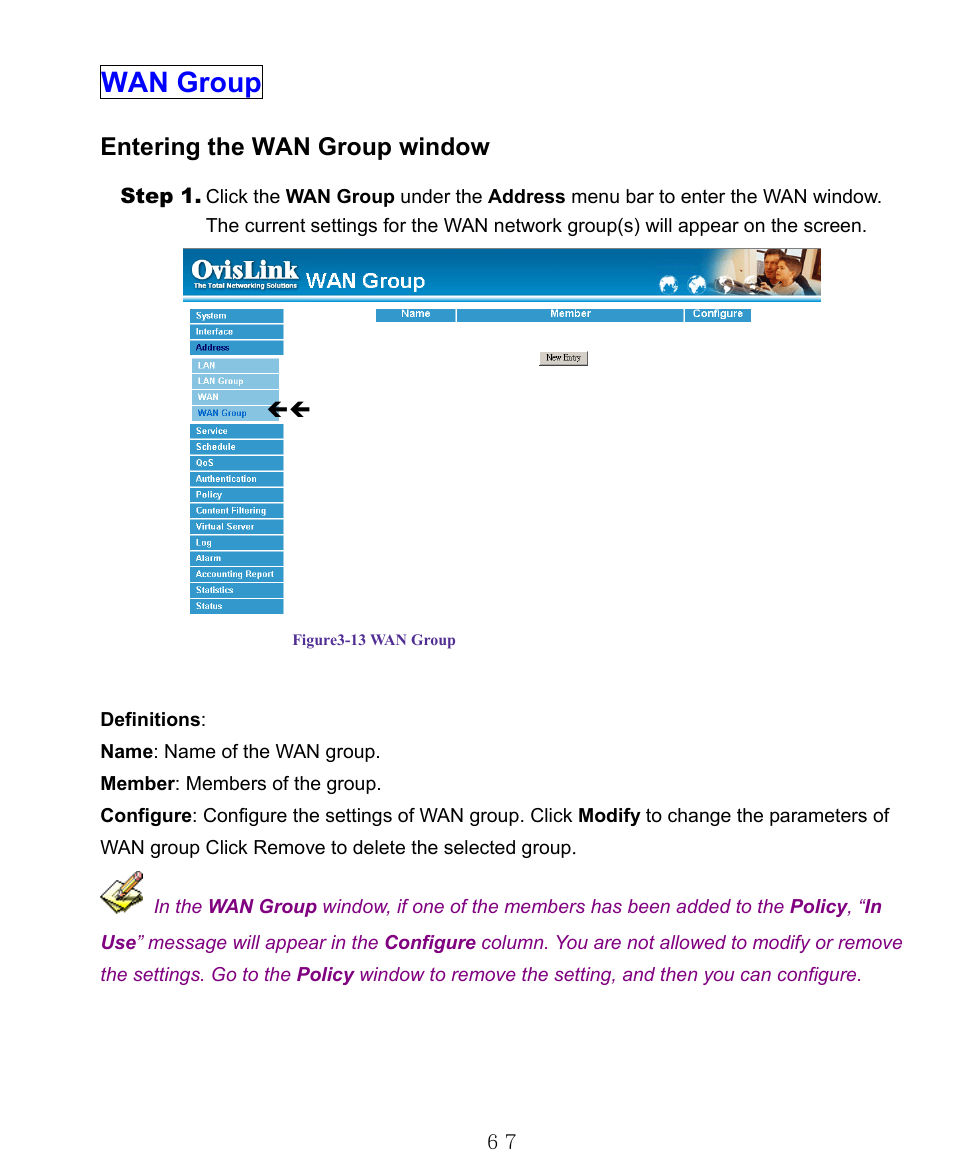 Wan group, Entering the wan group window | AirLive RS-1000 User Manual | Page 72 / 197