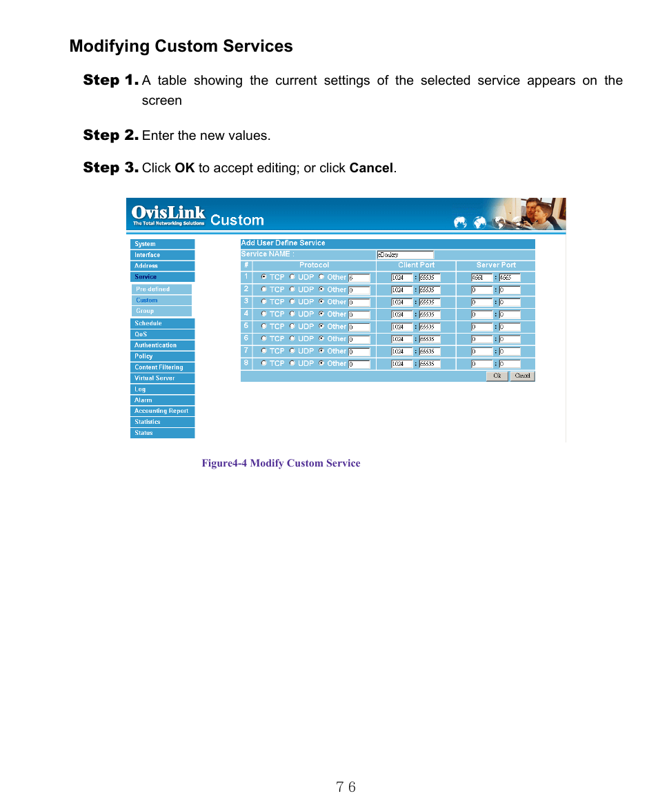 Modifying custom services | AirLive RS-1000 User Manual | Page 81 / 197