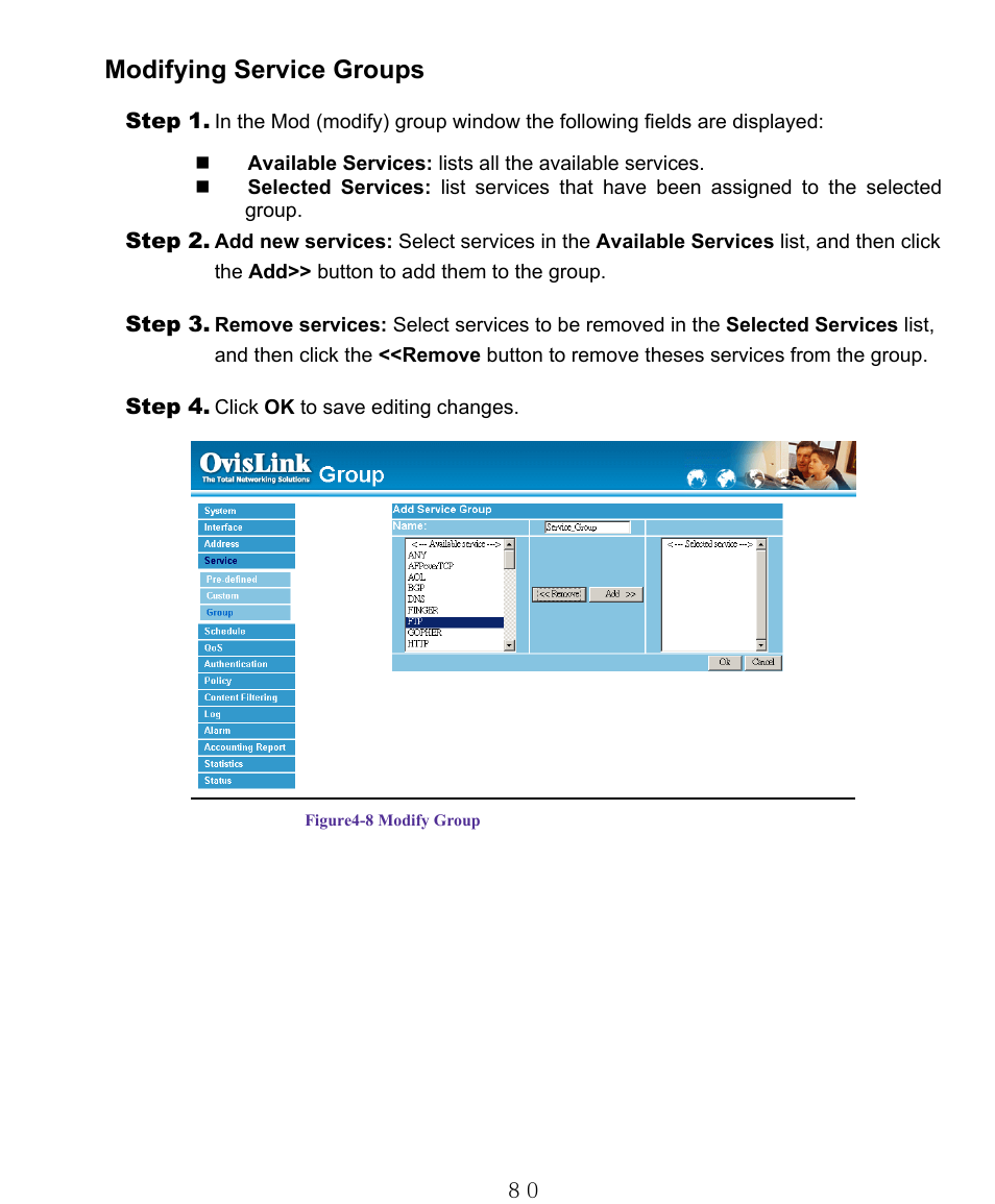 Modifying service groups | AirLive RS-1000 User Manual | Page 85 / 197