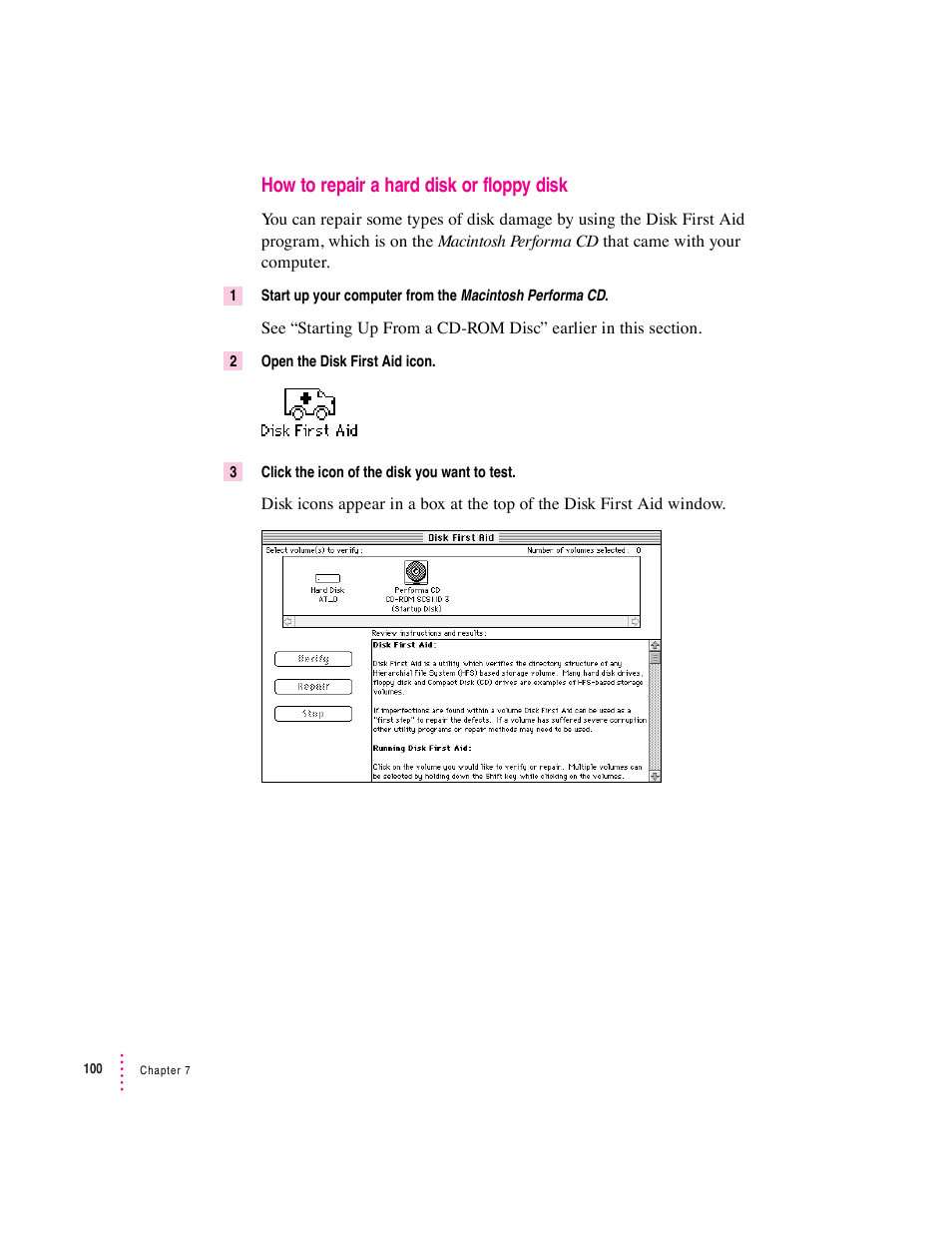 How to repair a hard disk or floppy disk | Apple Mac Performa 640 series User Manual | Page 108 / 196