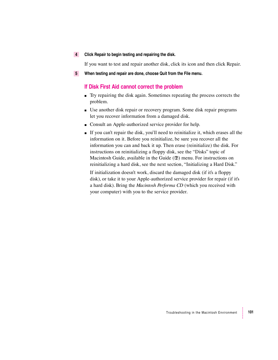 If disk first aid cannot correct the problem | Apple Mac Performa 640 series User Manual | Page 109 / 196