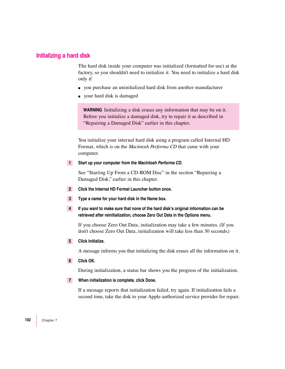 Initializing a hard disk | Apple Mac Performa 640 series User Manual | Page 110 / 196