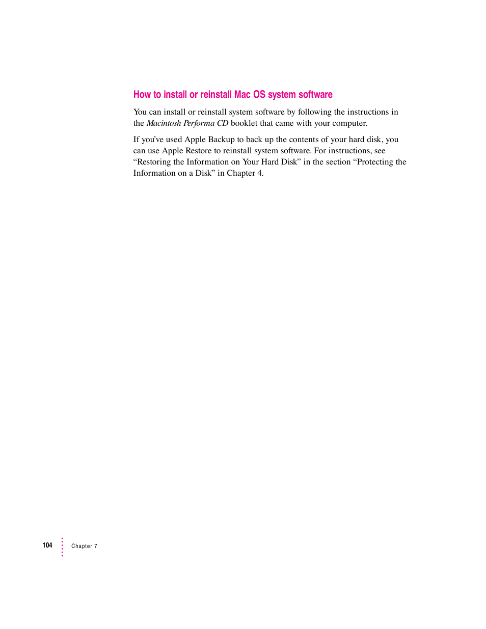 How to install or reinstall mac os system software | Apple Mac Performa 640 series User Manual | Page 112 / 196