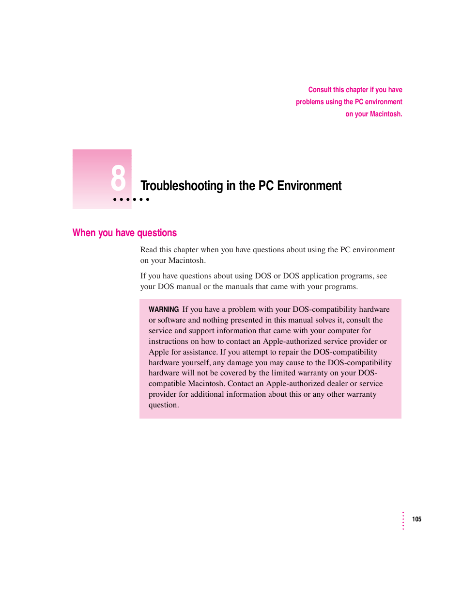 Troubleshooting in the pc environment | Apple Mac Performa 640 series User Manual | Page 113 / 196