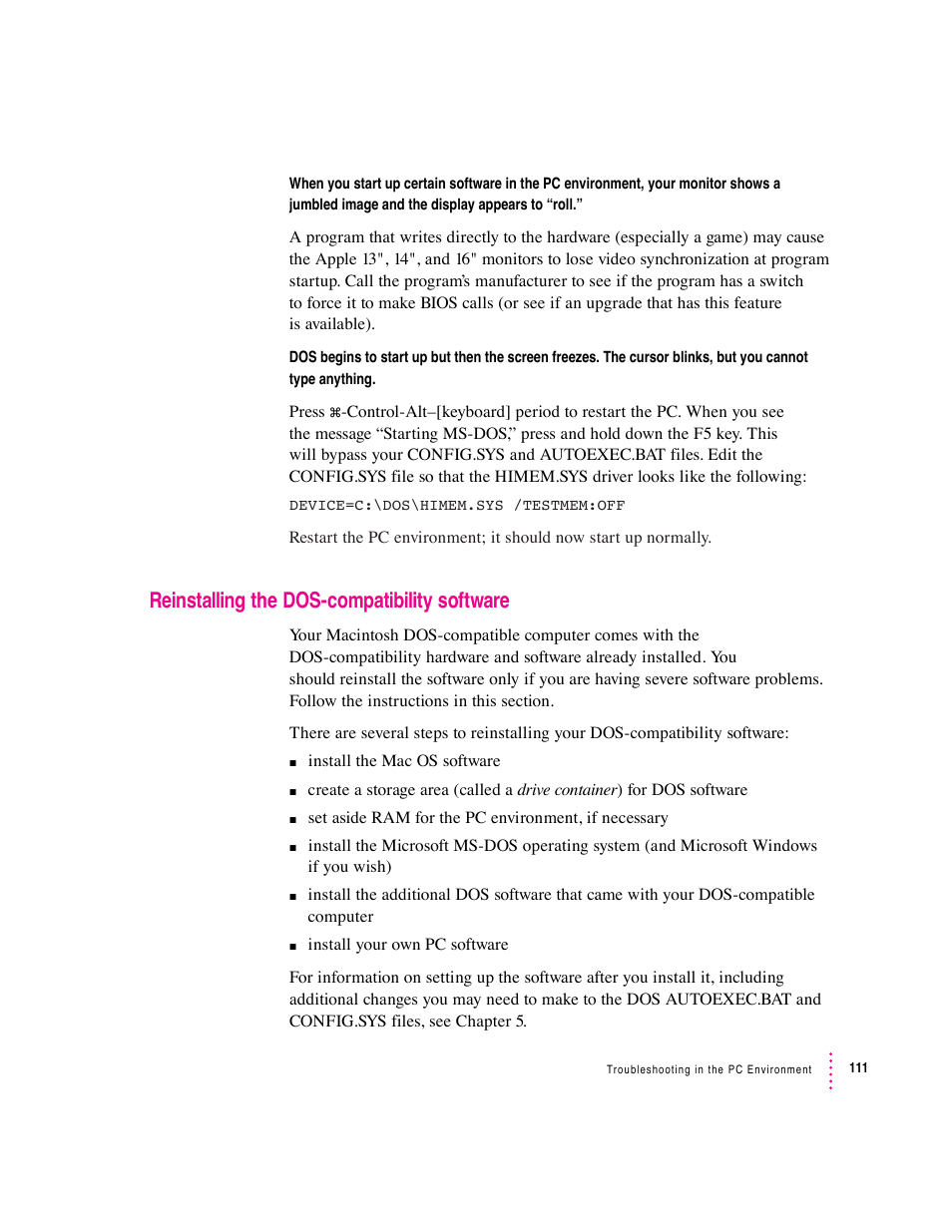 Reinstalling the dos-compatibility software | Apple Mac Performa 640 series User Manual | Page 119 / 196