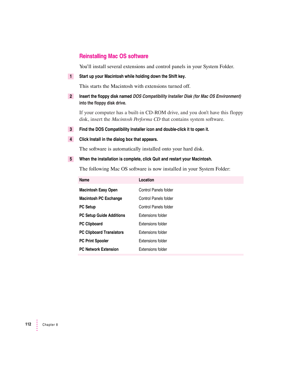 Reinstalling mac os software | Apple Mac Performa 640 series User Manual | Page 120 / 196