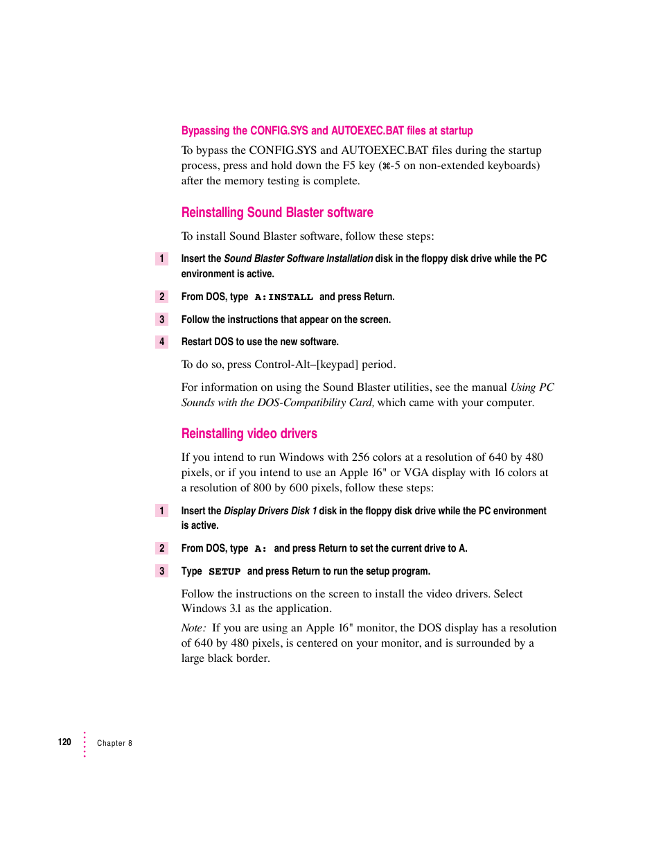 Reinstalling sound blaster software, Reinstalling video drivers | Apple Mac Performa 640 series User Manual | Page 128 / 196