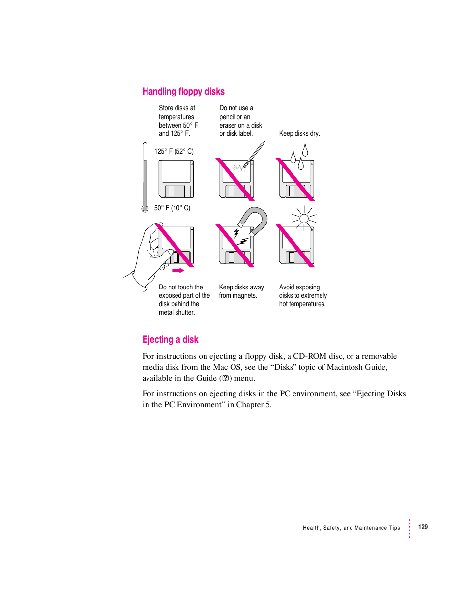 Handling floppy disks ejecting a disk | Apple Mac Performa 640 series User Manual | Page 137 / 196
