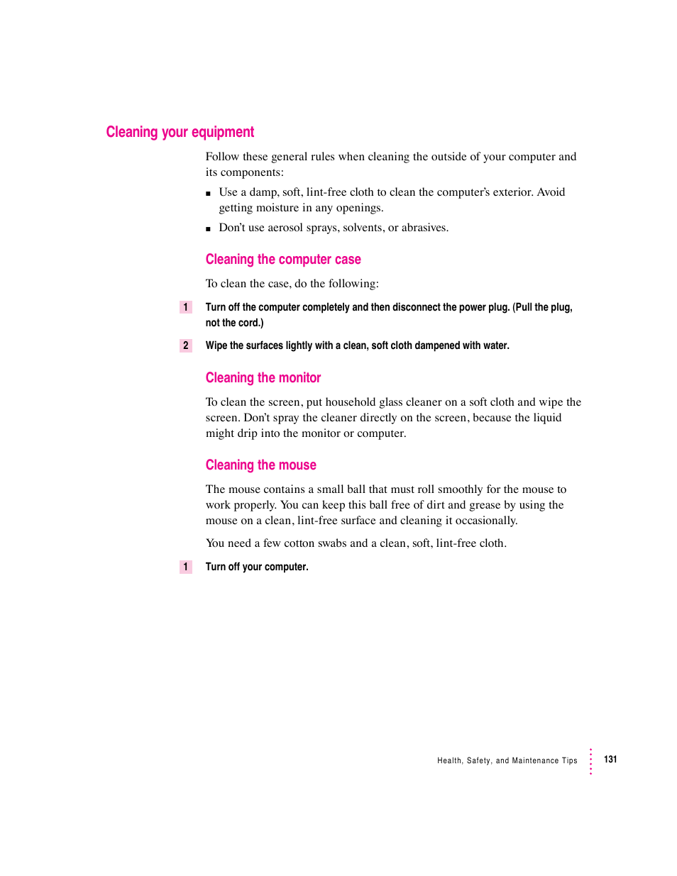 Cleaning your equipment | Apple Mac Performa 640 series User Manual | Page 139 / 196