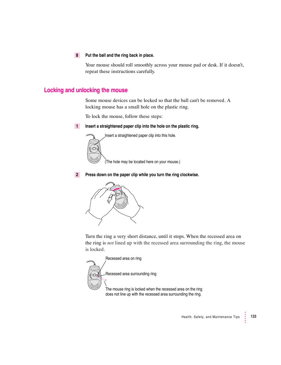 Locking and unlocking the mouse | Apple Mac Performa 640 series User Manual | Page 141 / 196