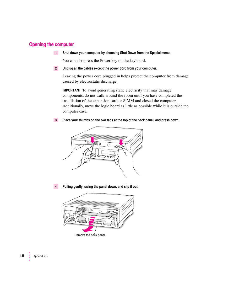 Opening the computer | Apple Mac Performa 640 series User Manual | Page 146 / 196
