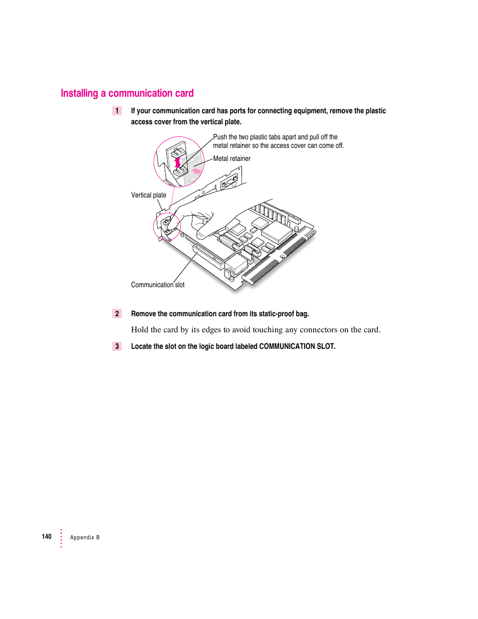 Installing a communication card | Apple Mac Performa 640 series User Manual | Page 148 / 196