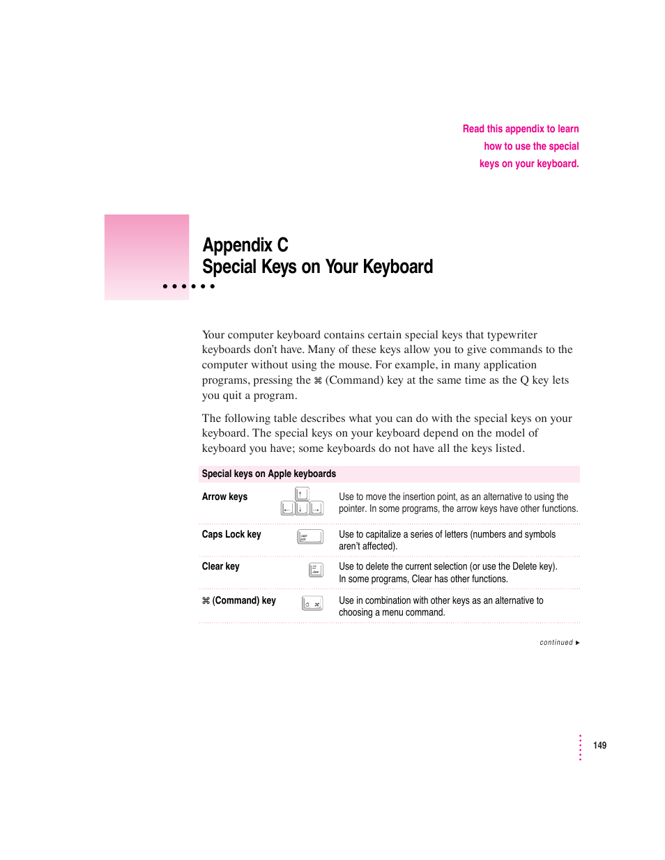 Appendix c special keys on your keyboard | Apple Mac Performa 640 series User Manual | Page 157 / 196