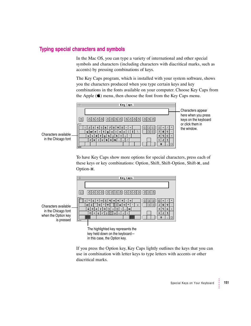 Typing special characters and symbols | Apple Mac Performa 640 series User Manual | Page 159 / 196