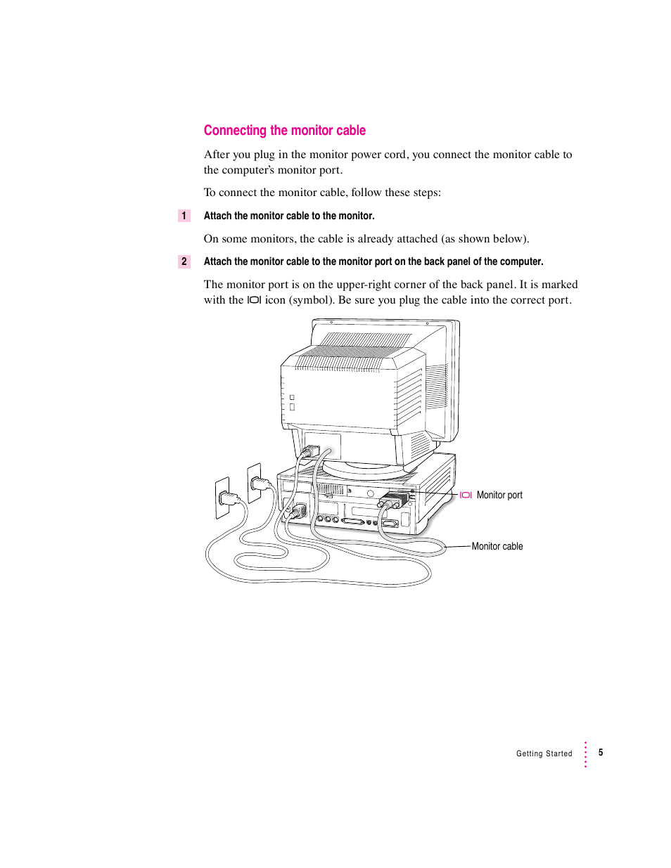 Connecting the monitor cable | Apple Mac Performa 640 series User Manual | Page 16 / 196
