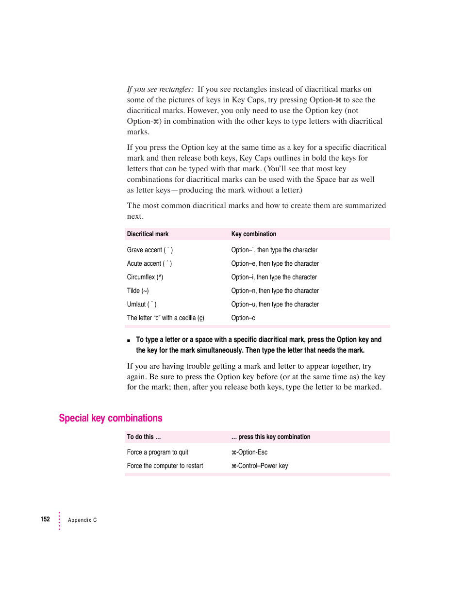 Special key combinations | Apple Mac Performa 640 series User Manual | Page 160 / 196