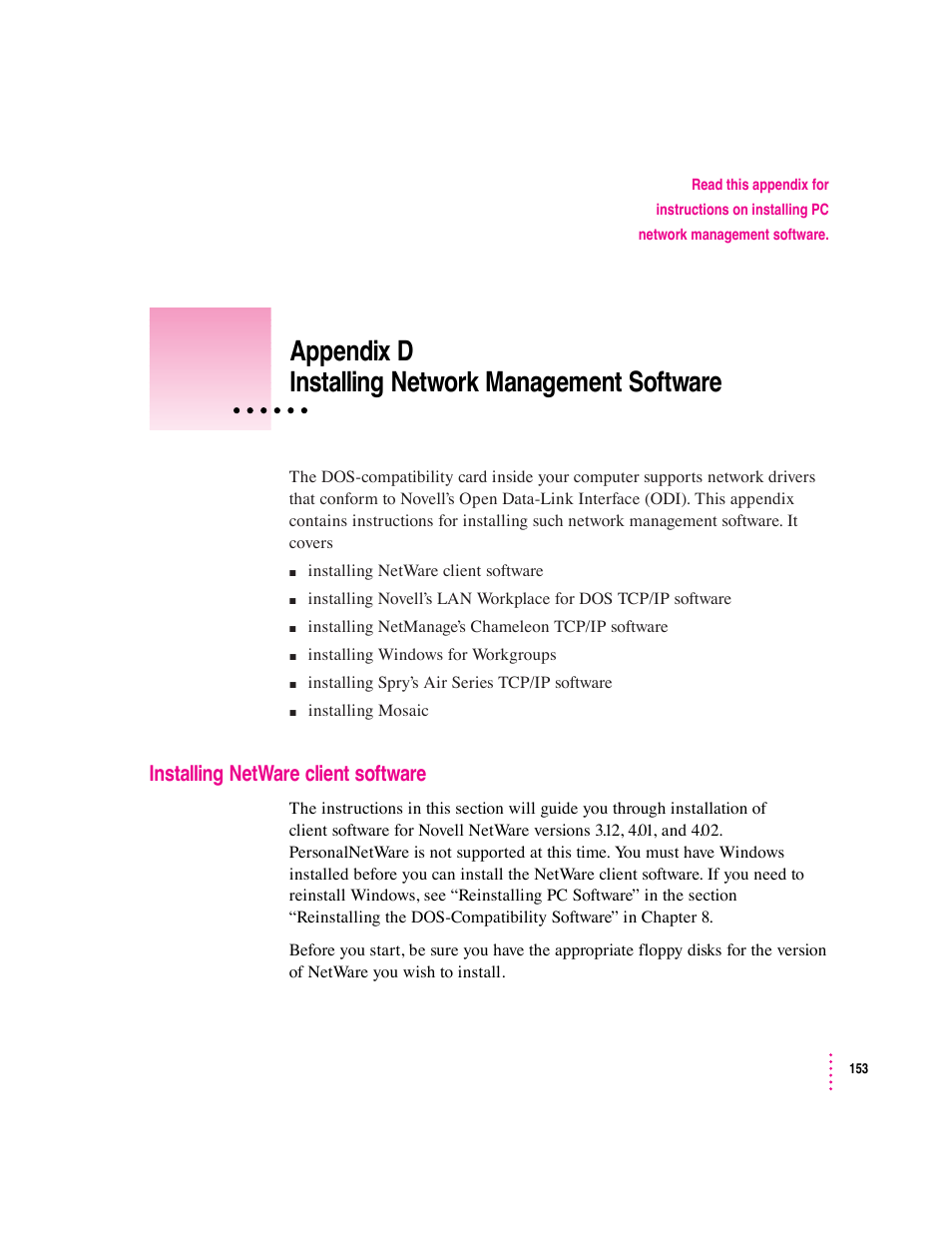 Appendix d installing network management software | Apple Mac Performa 640 series User Manual | Page 161 / 196