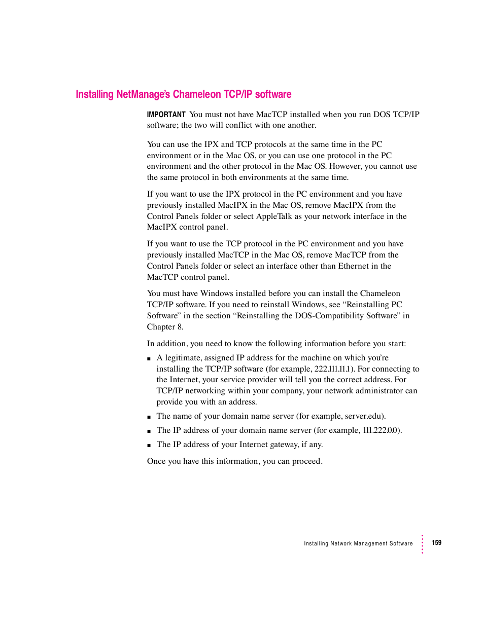 Installing netmanage’s chameleon tcp/ip software | Apple Mac Performa 640 series User Manual | Page 167 / 196