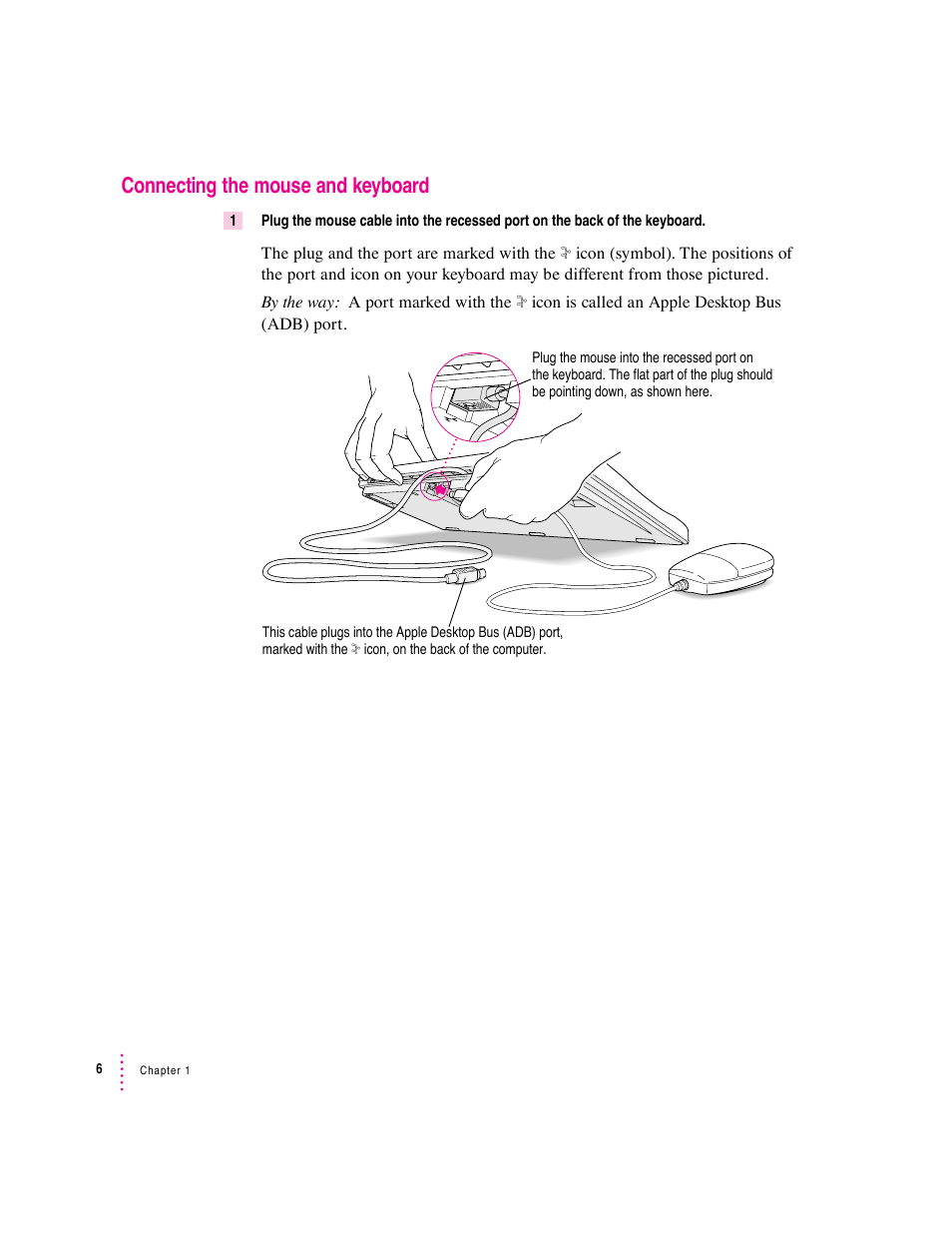 Connecting the mouse and keyboard | Apple Mac Performa 640 series User Manual | Page 17 / 196