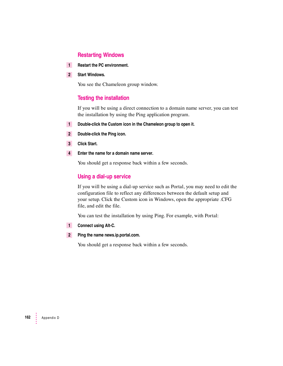 Restarting windows, Testing the installation, Using a dial-up service | Apple Mac Performa 640 series User Manual | Page 170 / 196