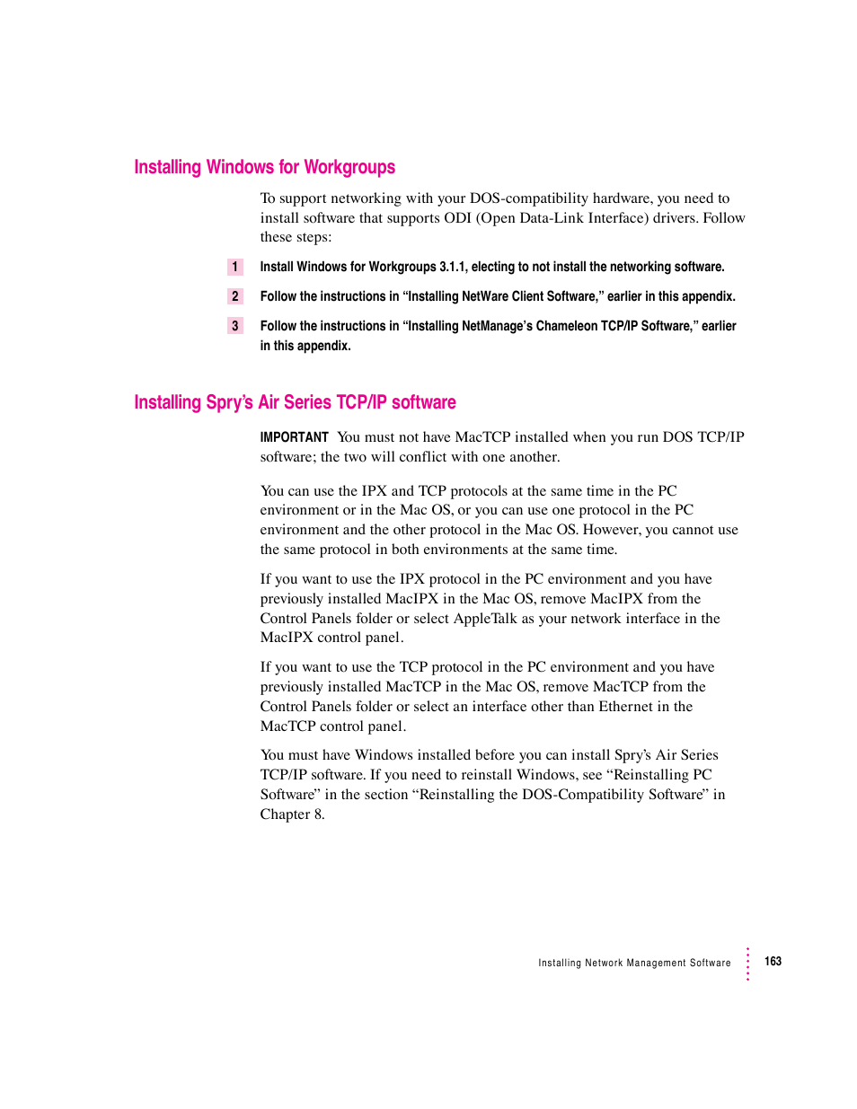 Installing windows for workgroups, Installing spry’s air series tcp/ip software | Apple Mac Performa 640 series User Manual | Page 171 / 196