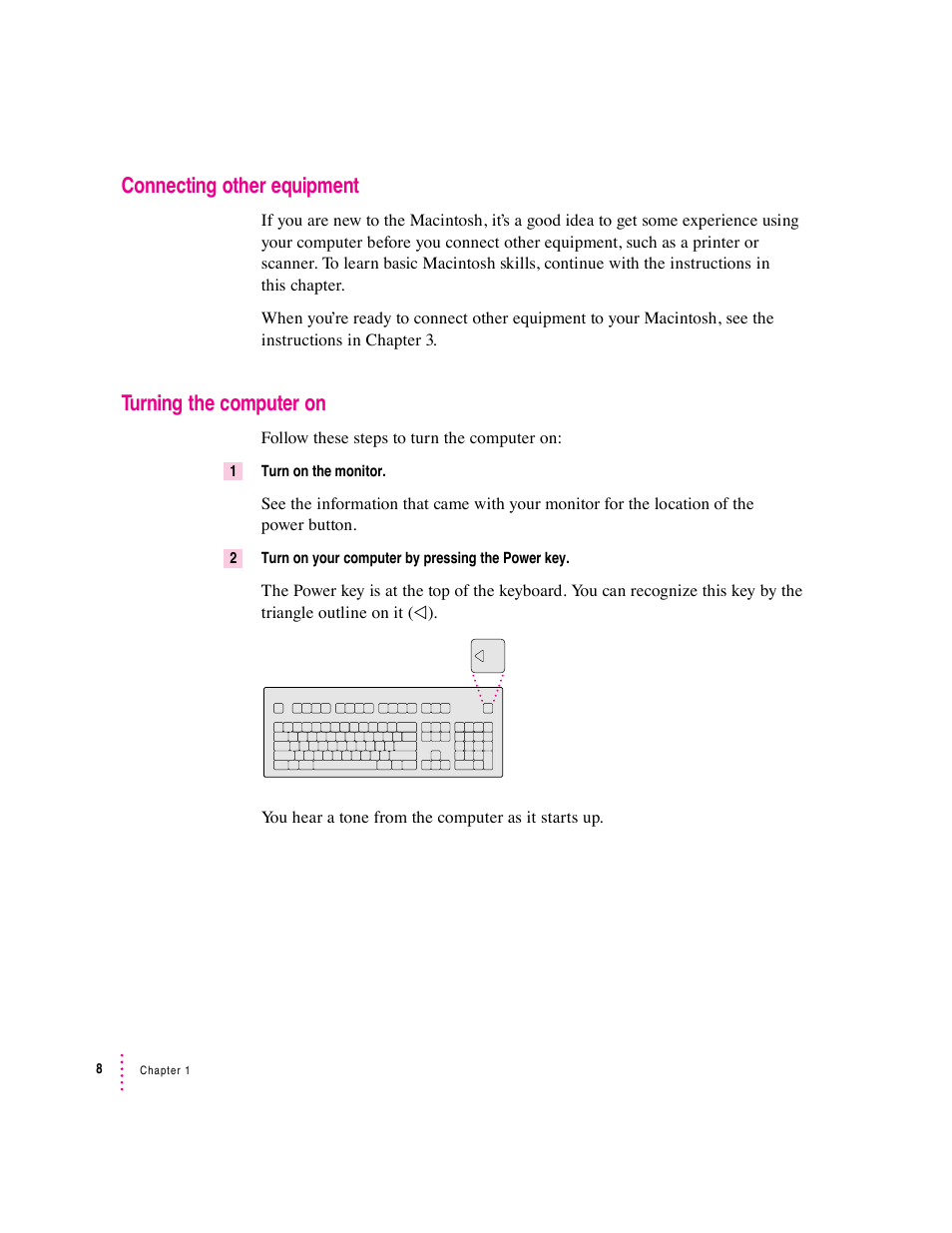 Connecting other equipment, Turning the computer on | Apple Mac Performa 640 series User Manual | Page 19 / 196