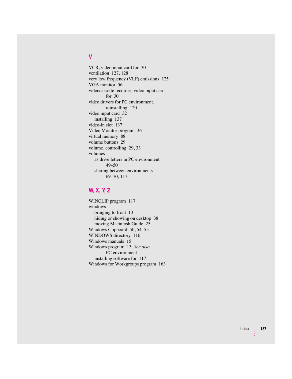 W, x, y, z | Apple Mac Performa 640 series User Manual | Page 195 / 196