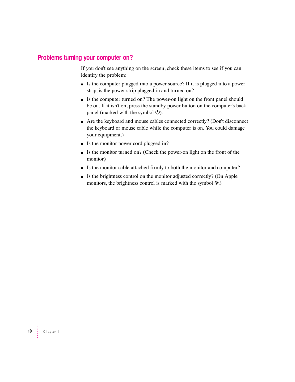 Problems turning your computer on | Apple Mac Performa 640 series User Manual | Page 21 / 196