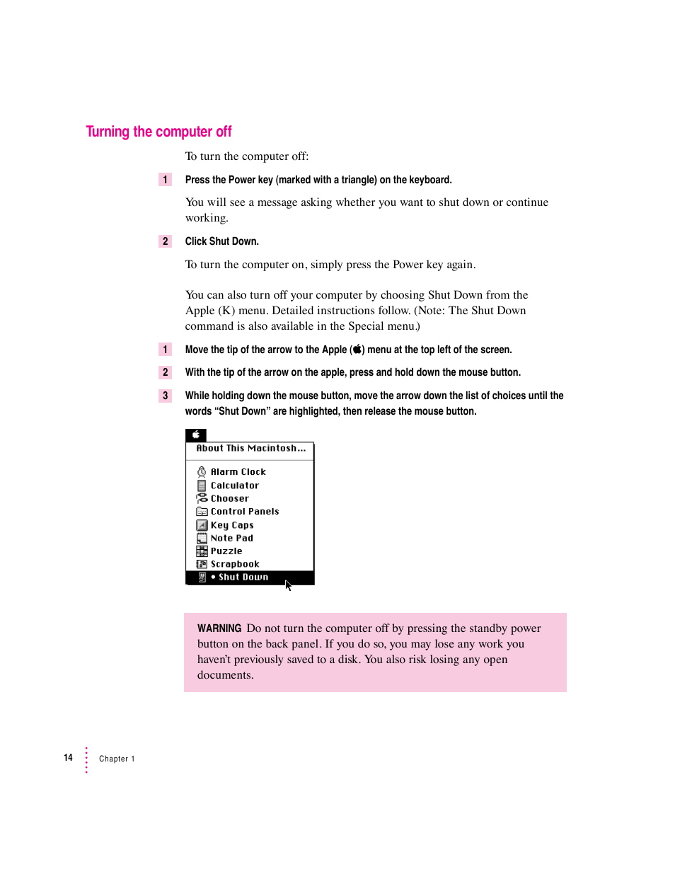 Turning the computer off | Apple Mac Performa 640 series User Manual | Page 25 / 196