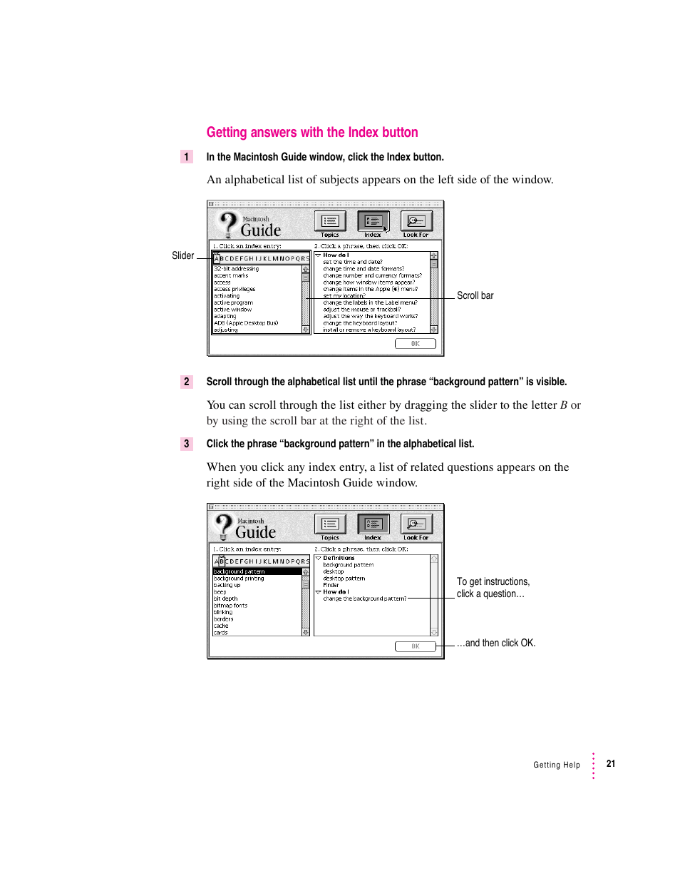 Getting answers with the index button | Apple Mac Performa 640 series User Manual | Page 31 / 196