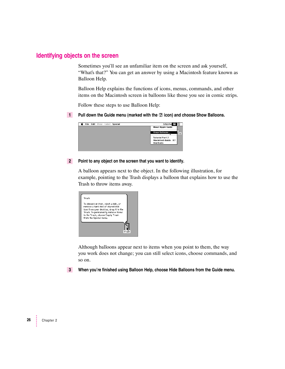 Identifying objects on the screen | Apple Mac Performa 640 series User Manual | Page 36 / 196