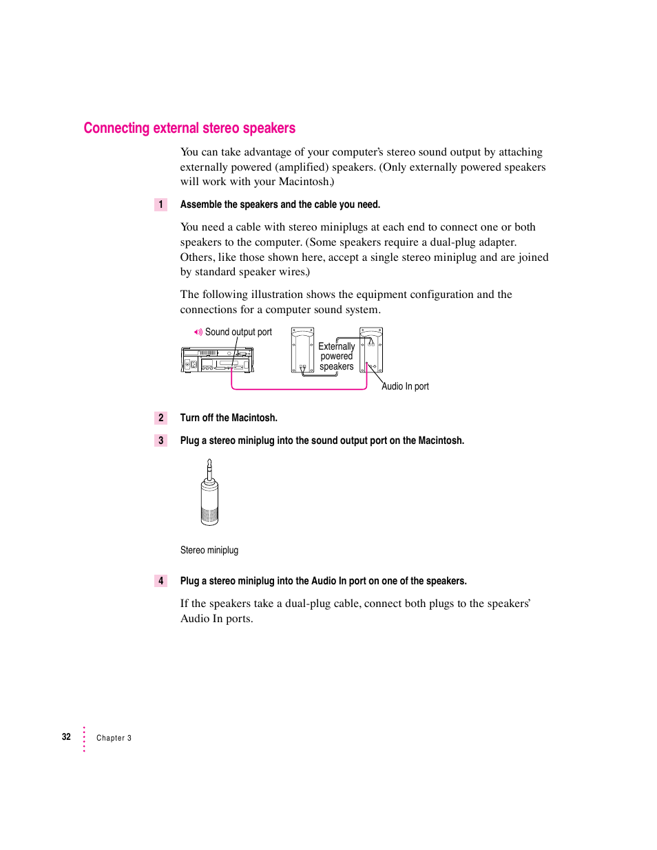 Connecting external stereo speakers | Apple Mac Performa 640 series User Manual | Page 42 / 196