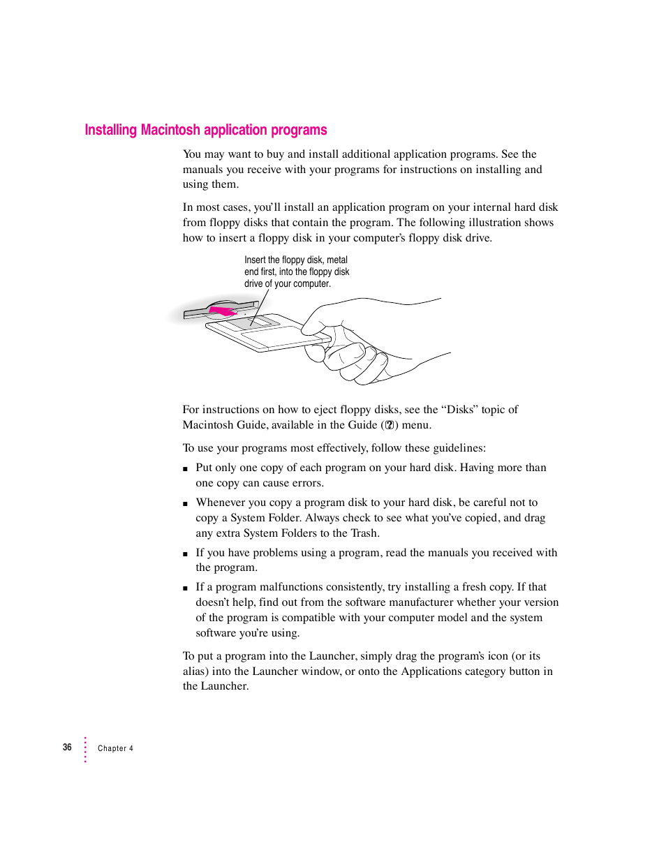 Installing macintosh application programs | Apple Mac Performa 640 series User Manual | Page 46 / 196
