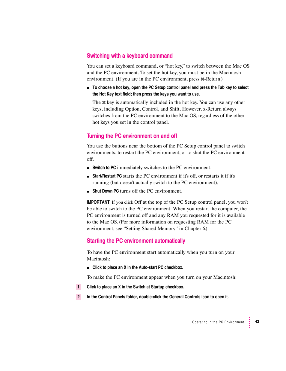 Switching with a keyboard command, Turning the pc environment on and off, Starting the pc environment automatically | Apple Mac Performa 640 series User Manual | Page 52 / 196
