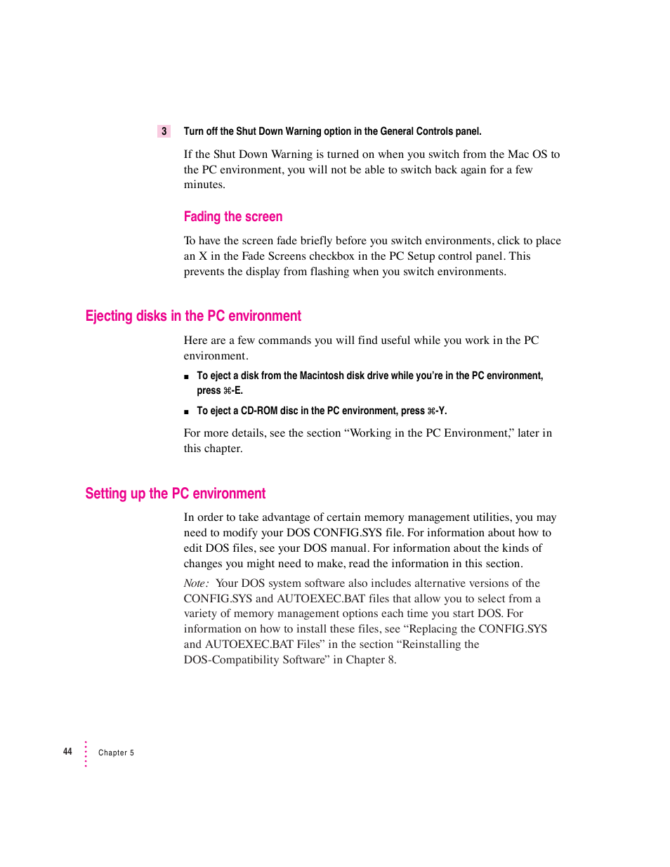 Ejecting disks in the pc environment, Setting up the pc environment, Fading the screen | Apple Mac Performa 640 series User Manual | Page 53 / 196