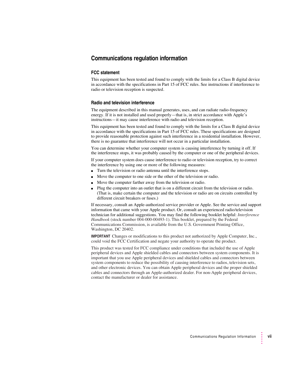 Communications regulation information | Apple Mac Performa 640 series User Manual | Page 7 / 196