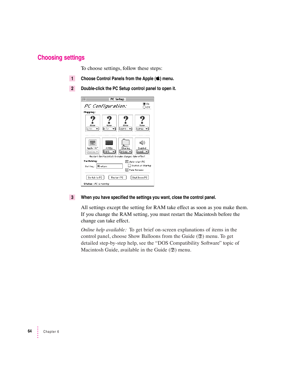 Choosing settings | Apple Mac Performa 640 series User Manual | Page 72 / 196