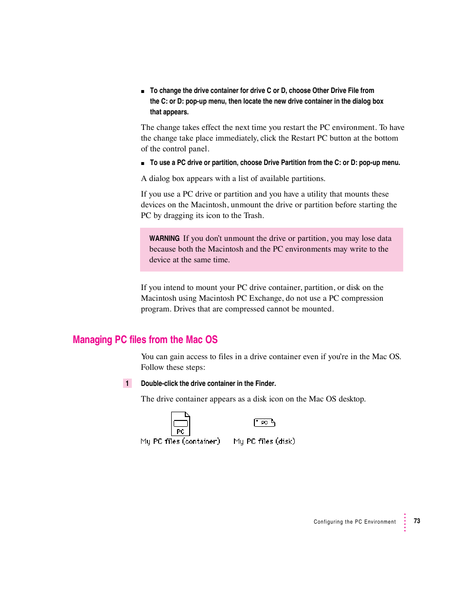 Managing pc files from the mac os | Apple Mac Performa 640 series User Manual | Page 81 / 196
