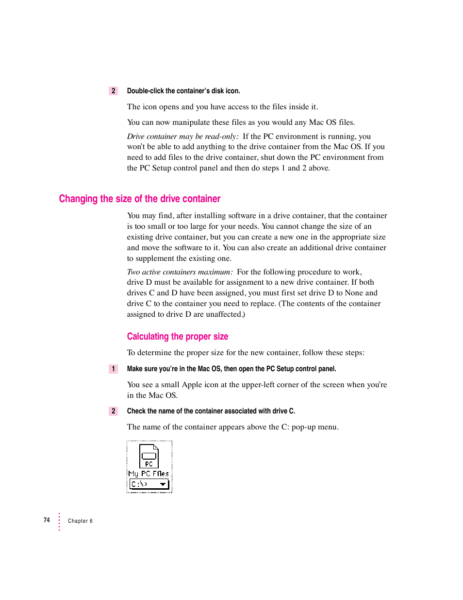 Changing the size of the drive container, Calculating the proper size | Apple Mac Performa 640 series User Manual | Page 82 / 196